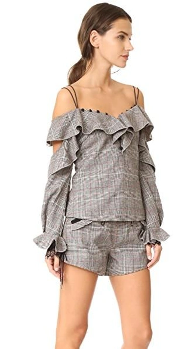 Shop Self-portrait Wool Check Off Shoulder Frill Top In Grey Red