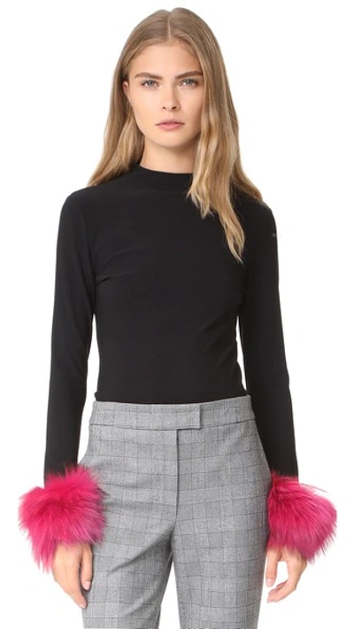 Shop Alice And Olivia Haylen Top With Fur Cuffs In Black/wine