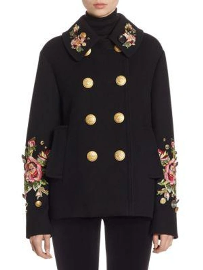 Dolce & Gabbana Floral-embroidered Wool Double-breasted Jacket In Black