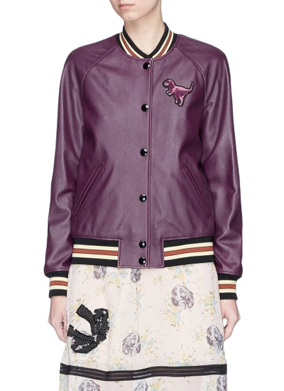 Shop Coach Rexy Patch Lambskin Leather Varsity Jacket