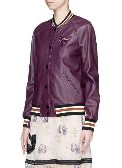 Shop Coach Rexy Patch Lambskin Leather Varsity Jacket