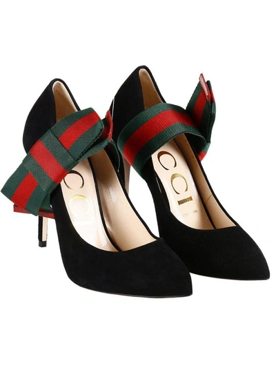 Shop Gucci Pumps Bow Pumps In Suede With Removable Maxi Web Bow In Black