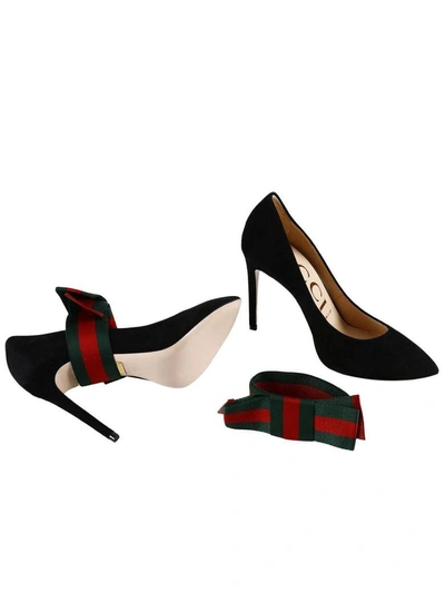 Shop Gucci Pumps Bow Pumps In Suede With Removable Maxi Web Bow In Black