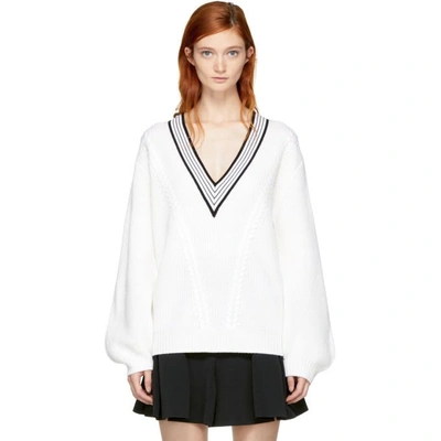 Shop Carven Off-white Merino V-neck Sweater In 010 Blanc Casse