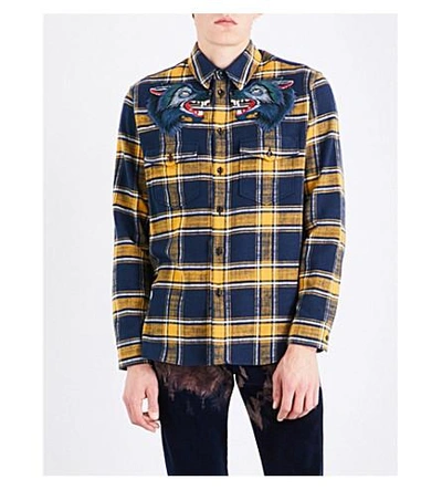 Gucci Wolf-embroidered Regular-fit Cotton-flannel Shirt In Yellow, Blue |  ModeSens
