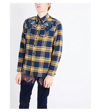 Shop Gucci Wolf-embroidered Regular-fit Cotton-flannel Shirt In Blue Yellow