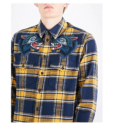 Shop Gucci Wolf-embroidered Regular-fit Cotton-flannel Shirt In Blue Yellow