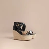 BURBERRY Leather and House Check Platform Espadrille Wedge Sandals,40365011