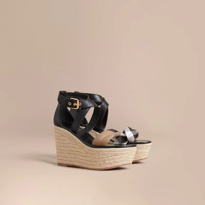 Burberry Leather And House Check Platform Espadrille Wedge Sandals In Black