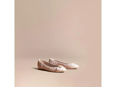 Shop Burberry Check Linen Cotton And Leather Ballerinas In Antique Rose