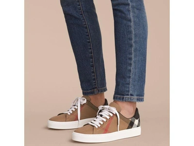 Shop Burberry Check Linen Cotton High-top Trainers In Antique Rose