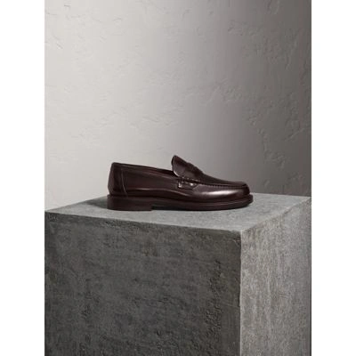 Shop Burberry Leather Penny Loafers In Rust Red
