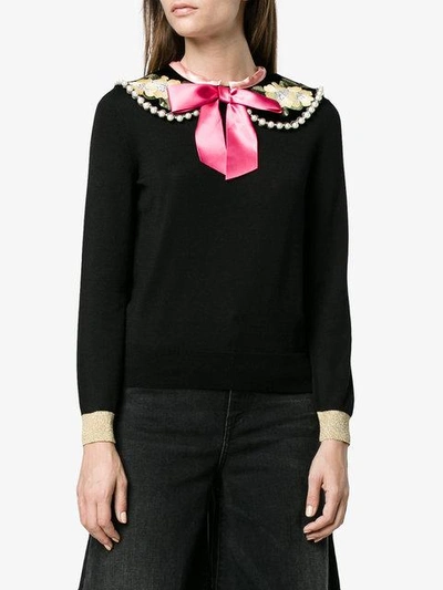 Shop Gucci Fitted Jumper With Floral Embroidery And Pearl Embellishment - Black
