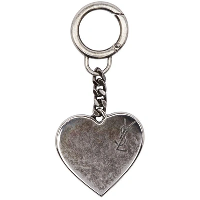 Shop Saint Laurent Silver Heart Monogram Keychain In 0564 Palladium