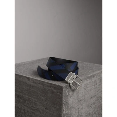 Burberry Reversible London Check And Leather Belt In Bright Lapis/black