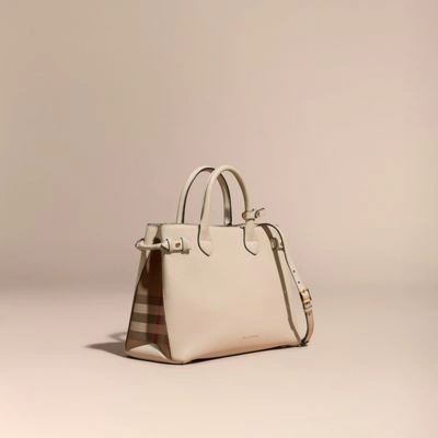 Shop Burberry The Medium Banner In Leather And House Check In Limestone