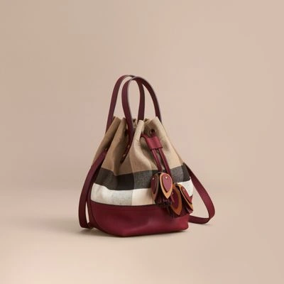 Burberry Medium Canvas Check And Leather Bucket Bag In Burgundy Red |  ModeSens