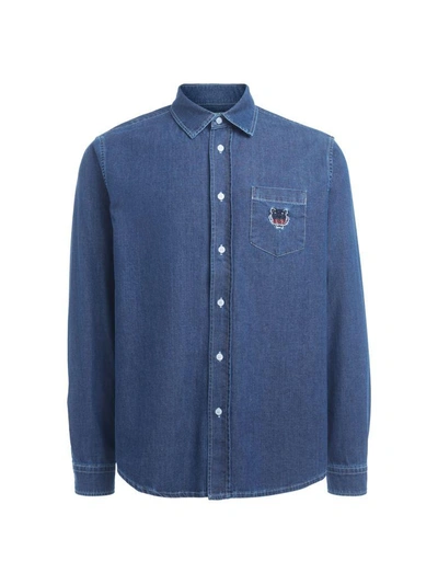 Shop Kenzo Blue Denim Shirt With Tiger Logo