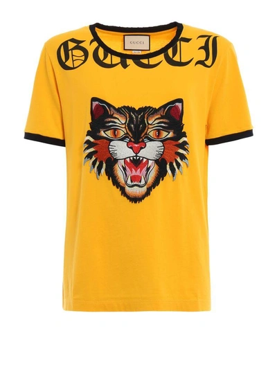 Gucci Cotton T-shirt With Angry Cat Appliqué In Yellow & Orange | ModeSens