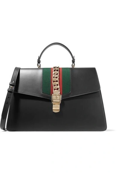 Shop Gucci Sylvie Large Chain-embellished Leather Tote In Black