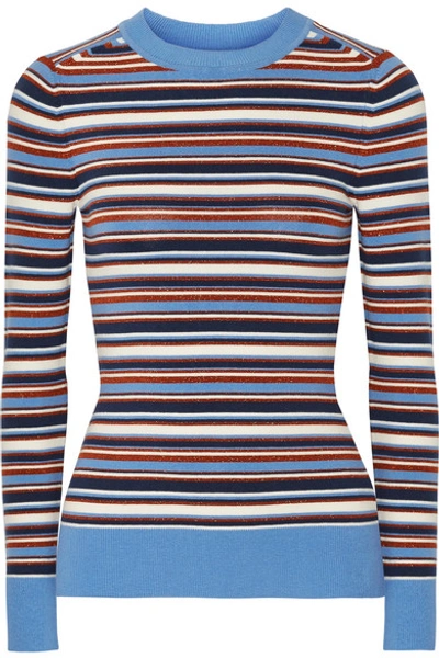 Shop Joostricot Striped Metallic Stretch-knit Sweater In Blue
