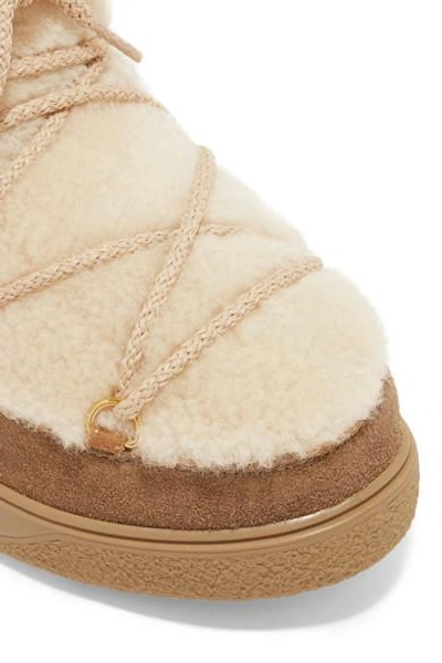 Shop Moncler New Fanny Shearling-paneled Glittered Suede Snow Boots In Tan