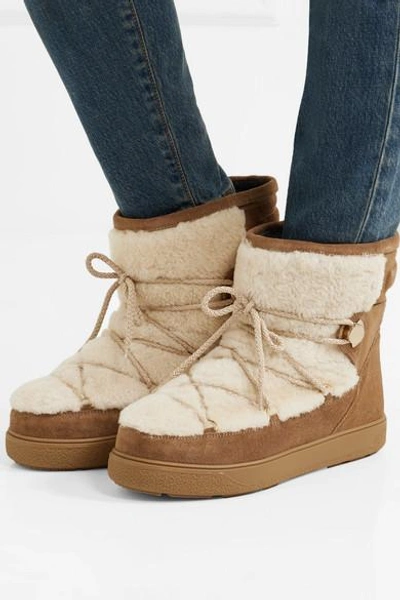 Shop Moncler New Fanny Shearling-paneled Glittered Suede Snow Boots In Tan