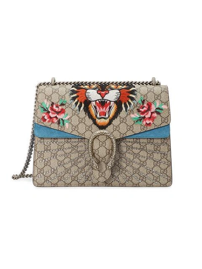 Shop Gucci Tiger Dionysus Embroidered Shoulder Bag In Neutrals