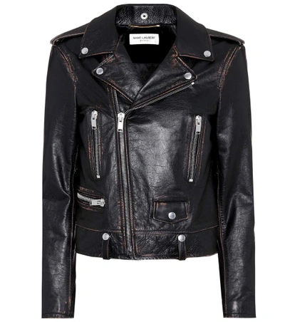 Shop Saint Laurent Printed Leather Biker Jacket In Black