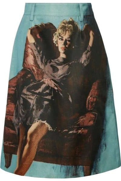 Shop Prada Printed Wool And Silk-blend Skirt In Light Blue