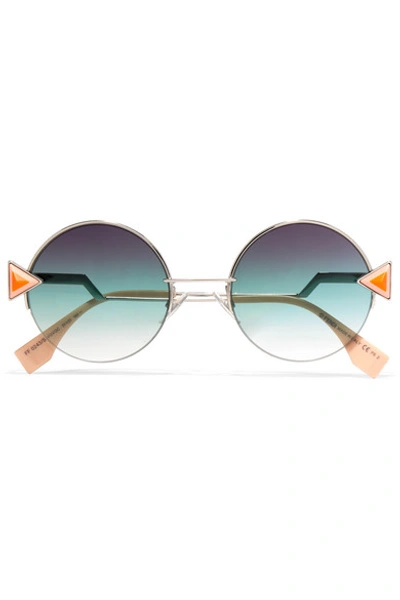 Shop Fendi Stud-embellished Palladium-tone And Acetate Round Sunglasses In Blue