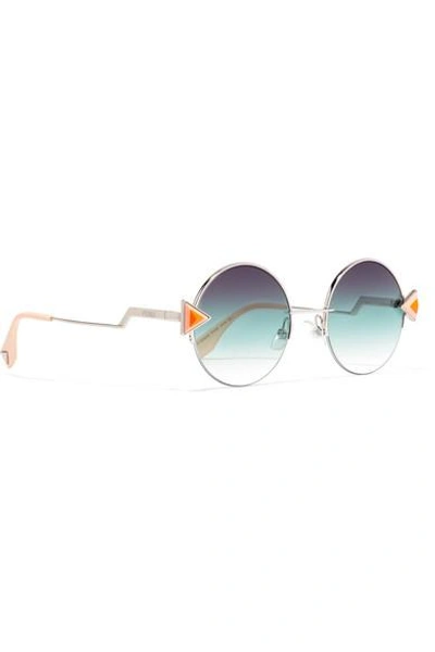 Shop Fendi Stud-embellished Palladium-tone And Acetate Round Sunglasses In Blue