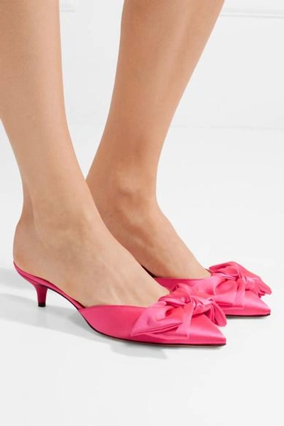 Shop Charlotte Olympia Sophie Suede-trimmed Bow-embellished Satin Mules