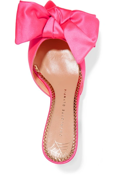 Shop Charlotte Olympia Sophie Suede-trimmed Bow-embellished Satin Mules