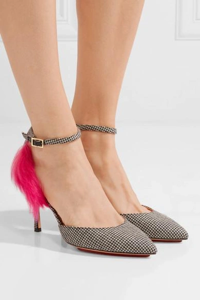 Shop Charlotte Olympia Adele Shearling And Leather-trimmed Houndstooth Wool Pumps