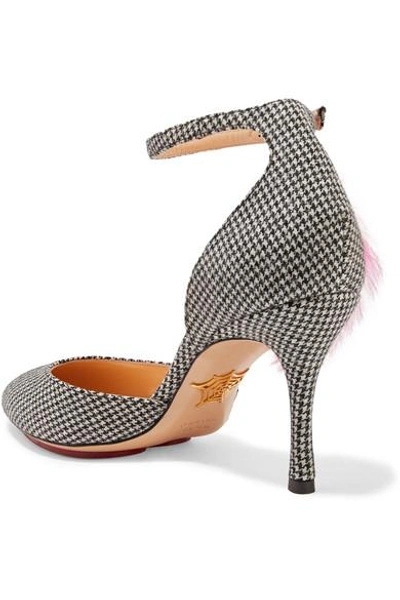 Shop Charlotte Olympia Adele Shearling And Leather-trimmed Houndstooth Wool Pumps