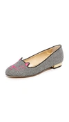 Charlotte Olympia Kitty Embroidered Houndstooth Slippers