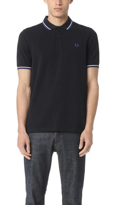 Fred Perry Twin Tipped Shirt In Service Blue Black & White & Black