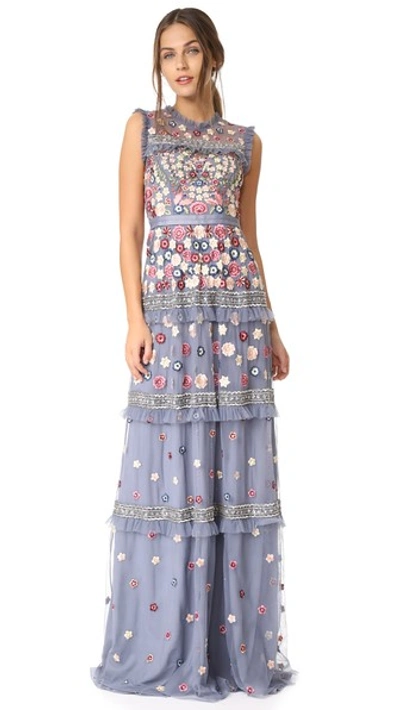 Needle & Thread Floral-embroidered Jet Sleeveless Tulle Evening Gown In Blue