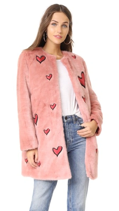 Alice And Olivia 'madge' Heart Patch Faux Fur Long Coat In Pink/deep Ruby