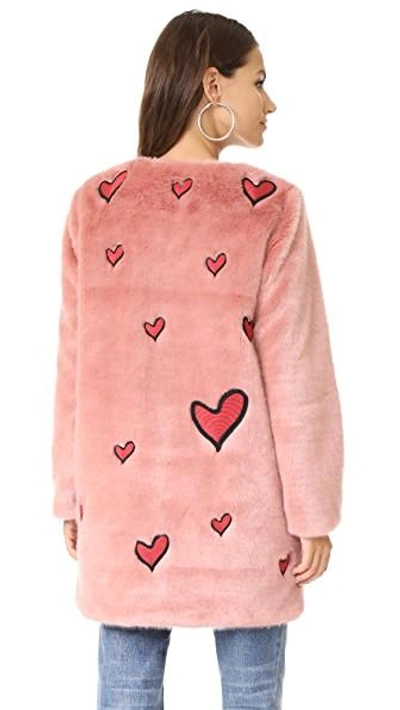 Shop Alice And Olivia Madge Embroidered Faux Fur Coat In Pink/deep Ruby