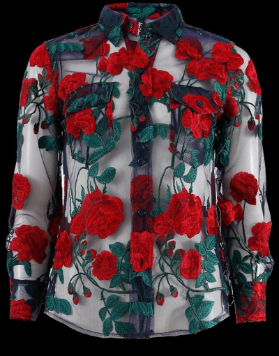 Shop Adam Selman Cowgirl Embroidered Tulle Shirt In Roses