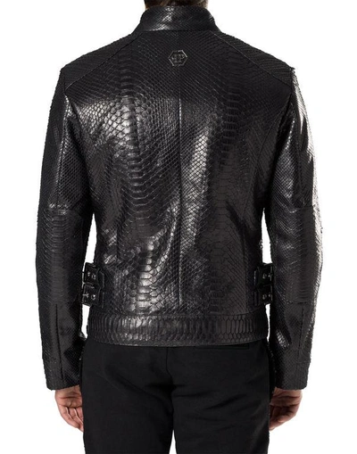 Shop Philipp Plein Leather Biker "python" In Black