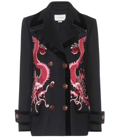 Shop Gucci Embroidered Wool Coat In Black