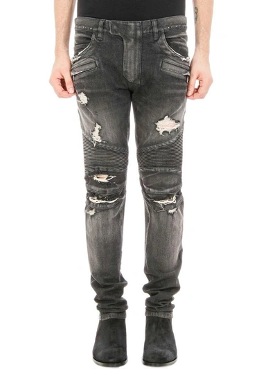 Shop Balmain Distressed Biker Black Denim Jeans