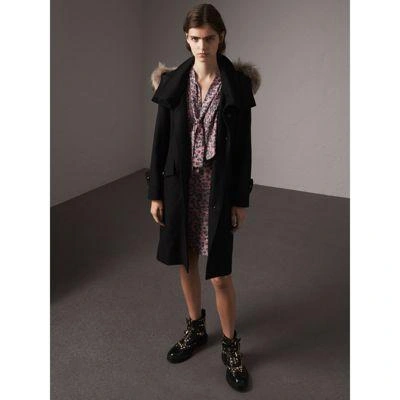 Burberry Hooded Wool Blend Coat With Detachable Fur Trim In Black