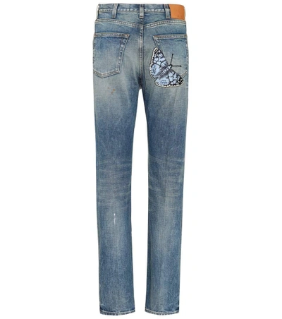Shop Gucci Embroidered Straight-leg Jeans In Blue