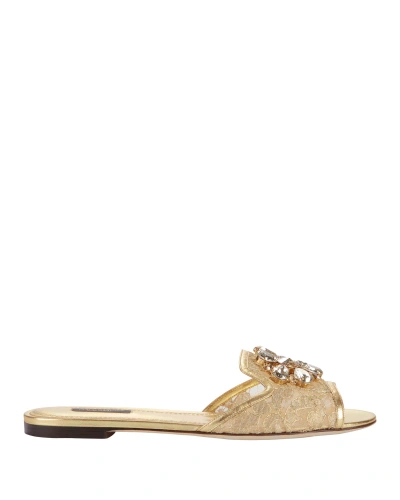 Shop Dolce & Gabbana Jeweled Gold Lace Flat Sandals