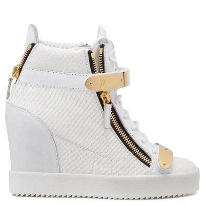 Shop Giuseppe Zanotti - White Embossed-python Wedge Sneaker Jennifer