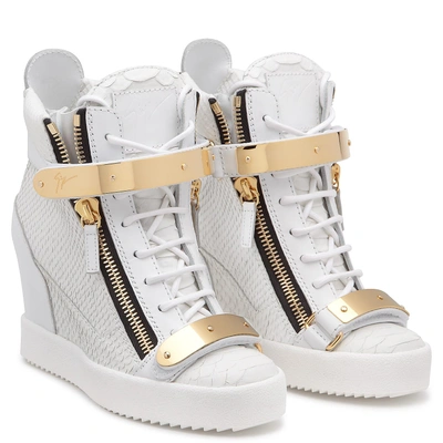 Shop Giuseppe Zanotti - White Embossed-python Wedge Sneaker Jennifer